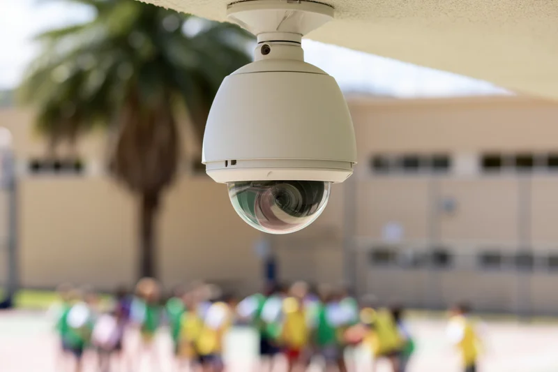 White dome security camera mounted on ceiling overlooking school playground with children playing in background
