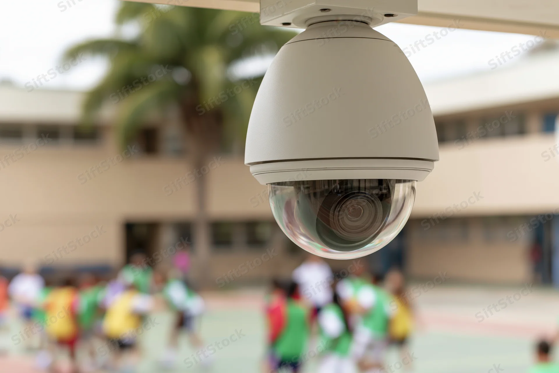 White dome security camera mounted on ceiling bracket overlooking school playground with children playing in background