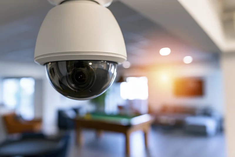 White dome security camera mounted on ceiling overlooking office space with pool table and furniture