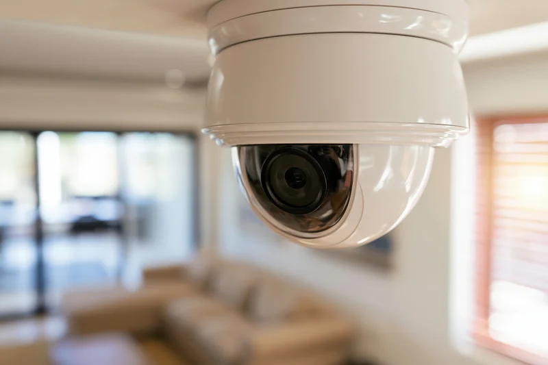 White dome security camera mounted on ceiling in living room