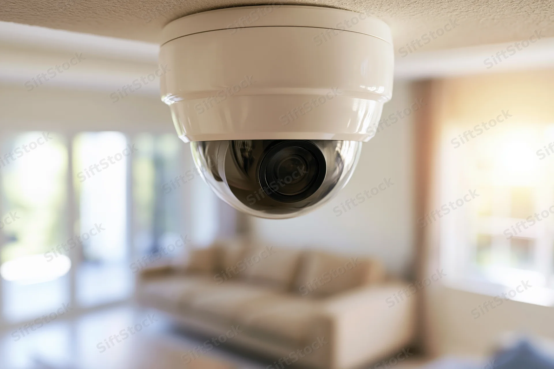 White dome security camera mounted on ceiling overlooking living room interior