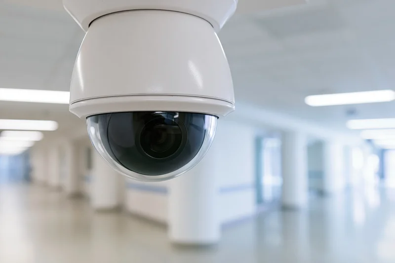 White dome security camera mounted on ceiling in office hallway