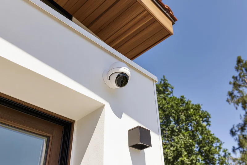 White dome security camera mounted on exterior wall of modern house under clear blue sky