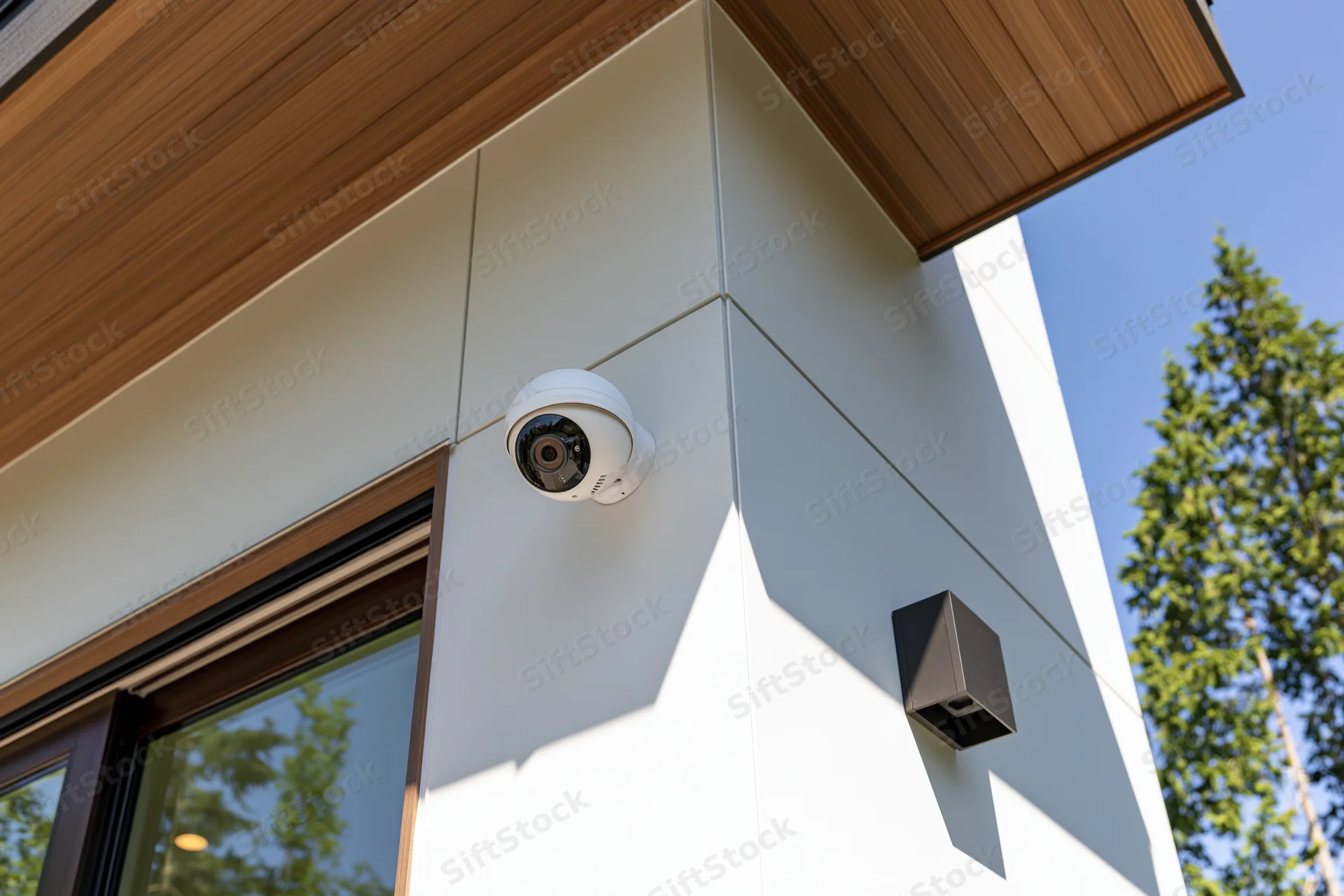 White dome security camera mounted on corner of modern house exterior wall