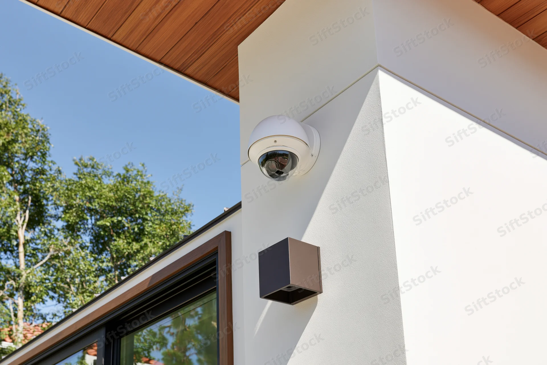 White dome security camera mounted on a white exterior wall of a modern house
