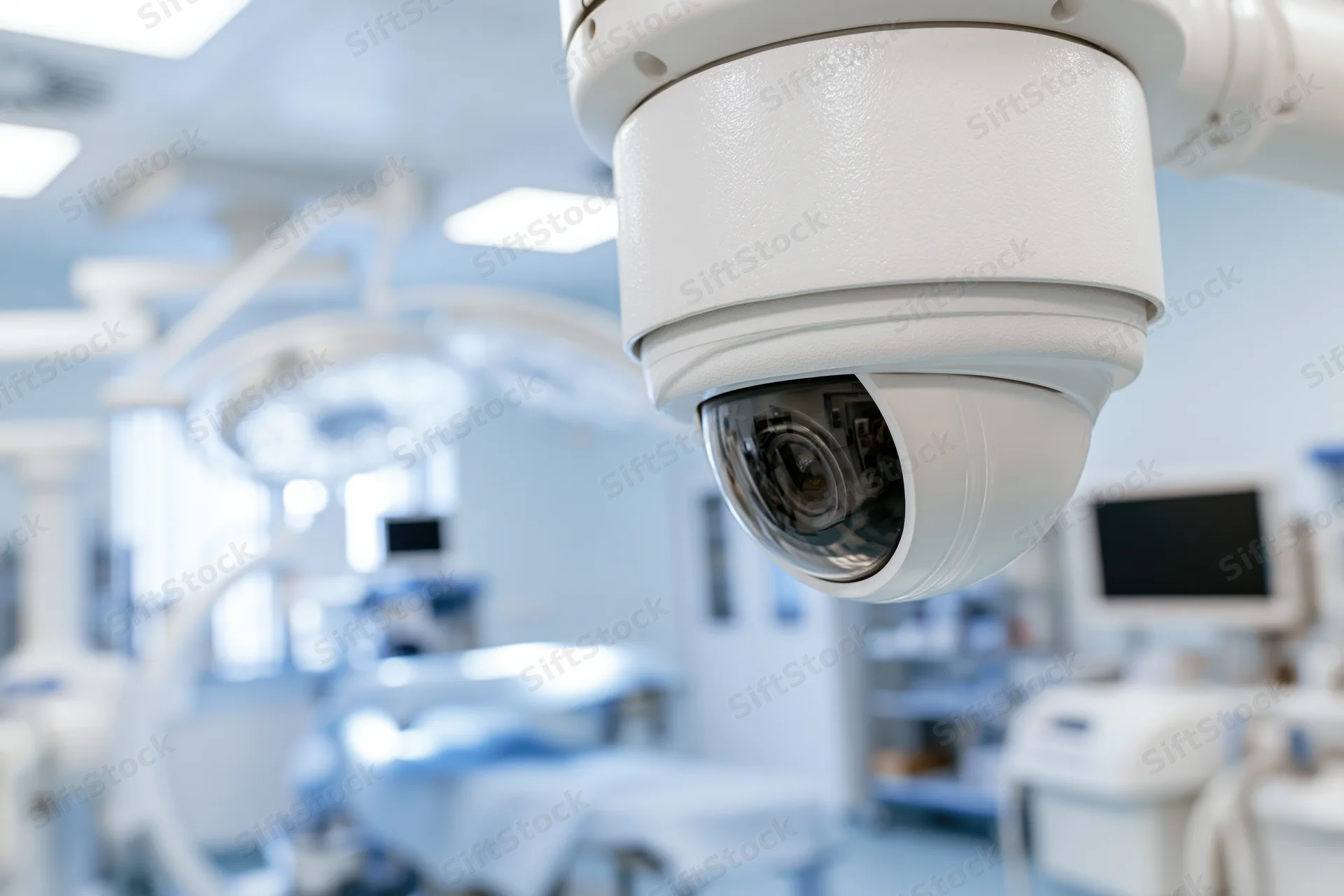 White dome security camera mounted on ceiling in hospital operating room
