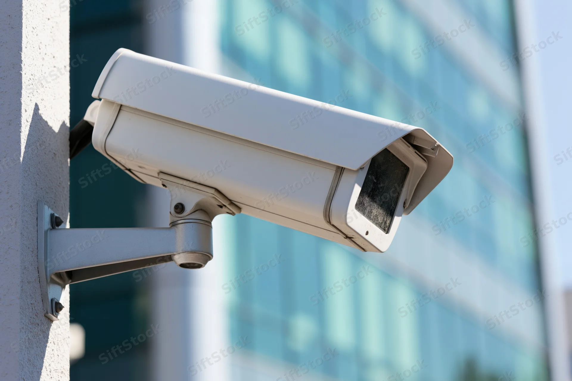 White cctv security camera mounted on metal bracket on building exterior