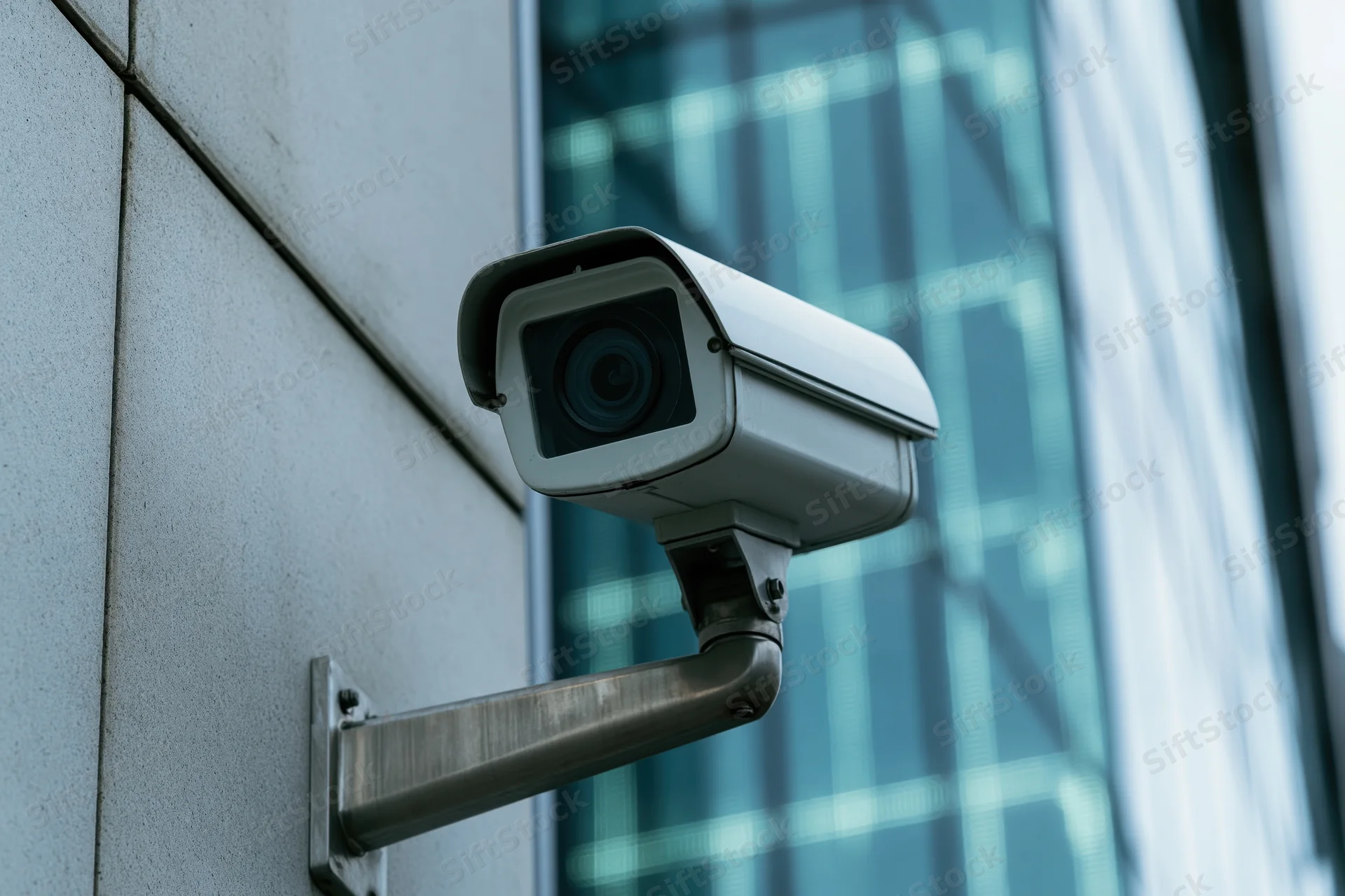 White security camera mounted on metal wall outside modern glass building