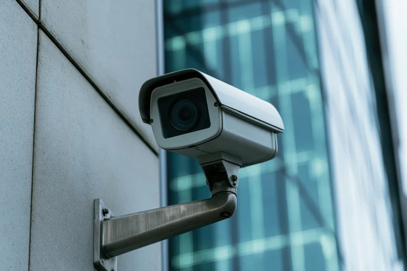 White security camera mounted on metal wall outside modern glass building