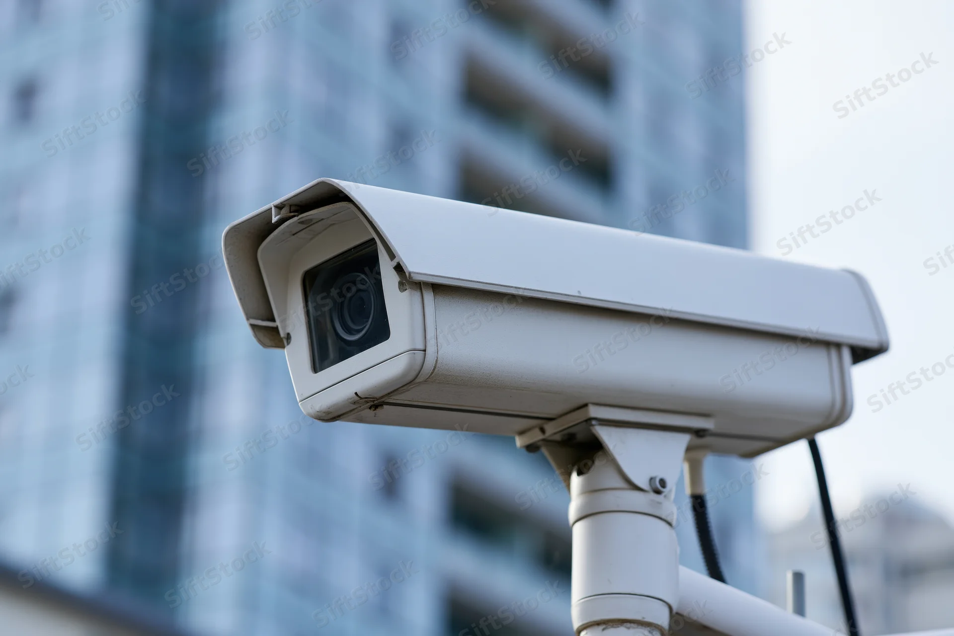 White cctv security camera mounted on pole angled toward building in urban setting