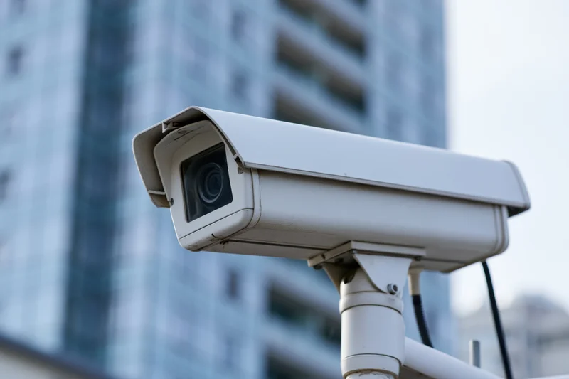 White cctv security camera mounted on pole angled toward building in urban setting