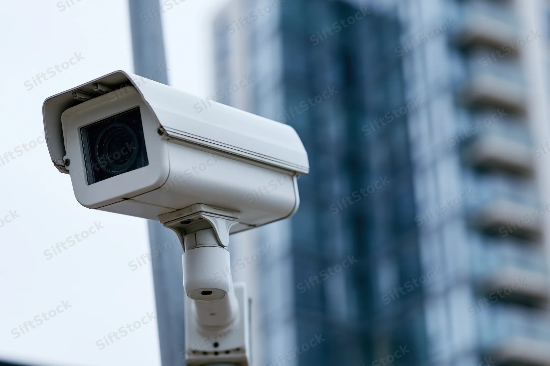White cctv security camera mounted on pole angled toward building in urban setting