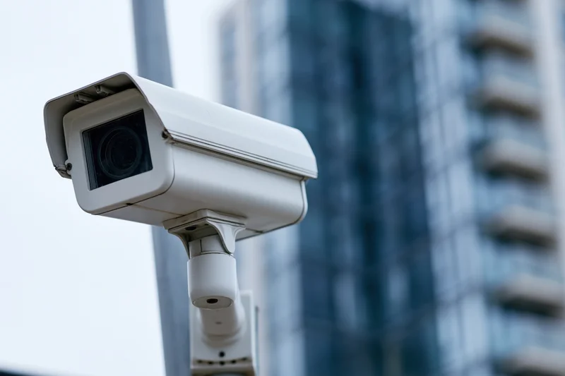 White cctv security camera mounted on pole angled toward building in urban setting
