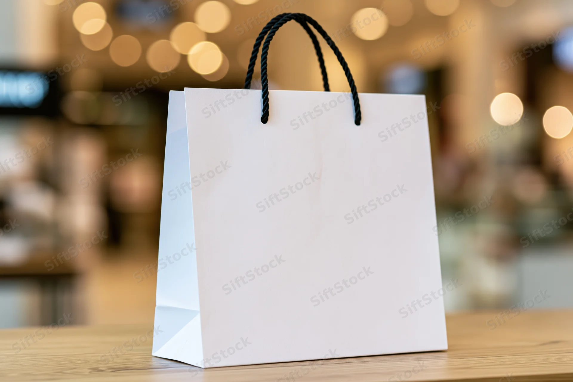 White paper shopping bag with black rope handles on wooden table in retail store interior
