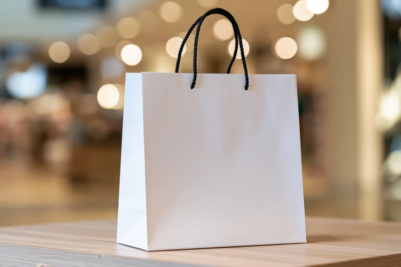 White paper shopping bag with black rope handles on wooden table in retail store interior