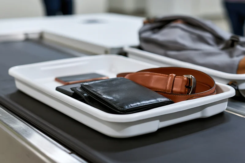 White plastic security tray holding leather wallet, belt, phone and passport on airport conveyor belt