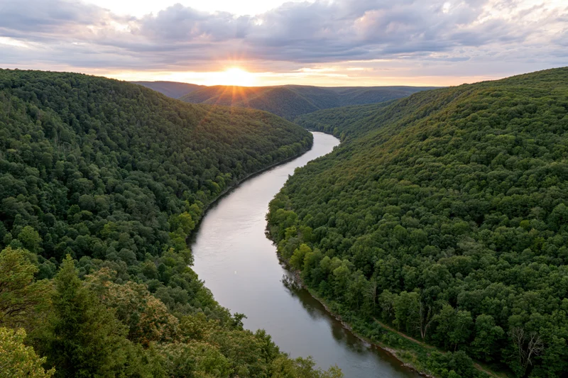 Winding river flowing through dense forest valley at sunset