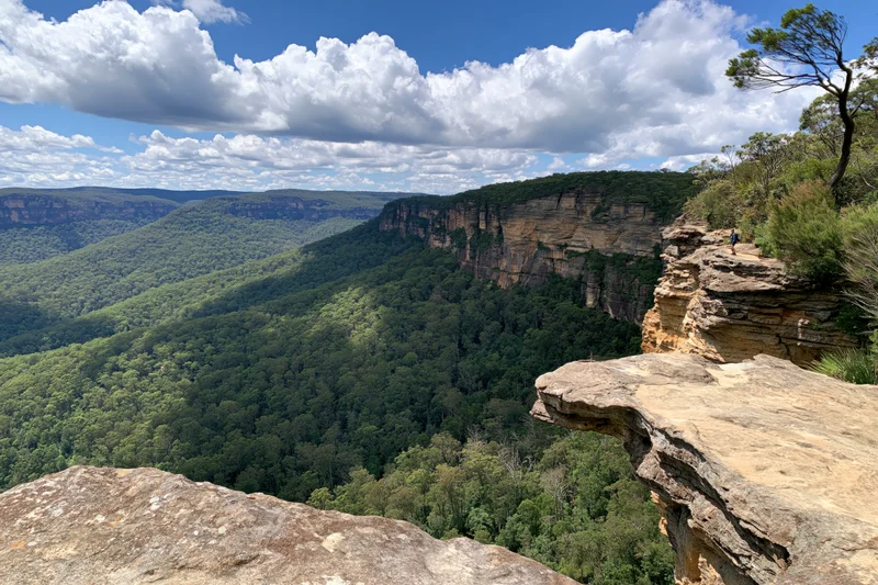 Panoramic view from a sandstone cliff edge overlooking a forested valley and distant mountains