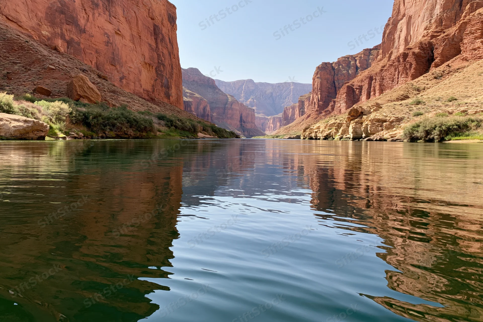 River flowing through deep red sandstone canyon with calm water reflecting cliffs