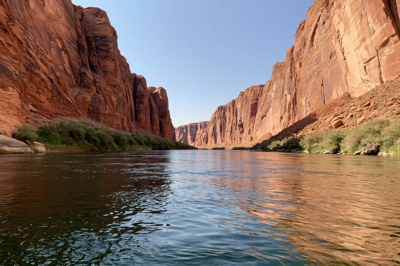Wide river flowing through deep red sandstone canyon under clear blue sky