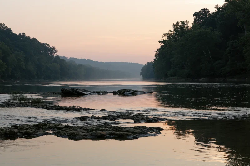 Wide river at dusk with shallow rocky shoals and tree-lined banks reflecting soft twilight light