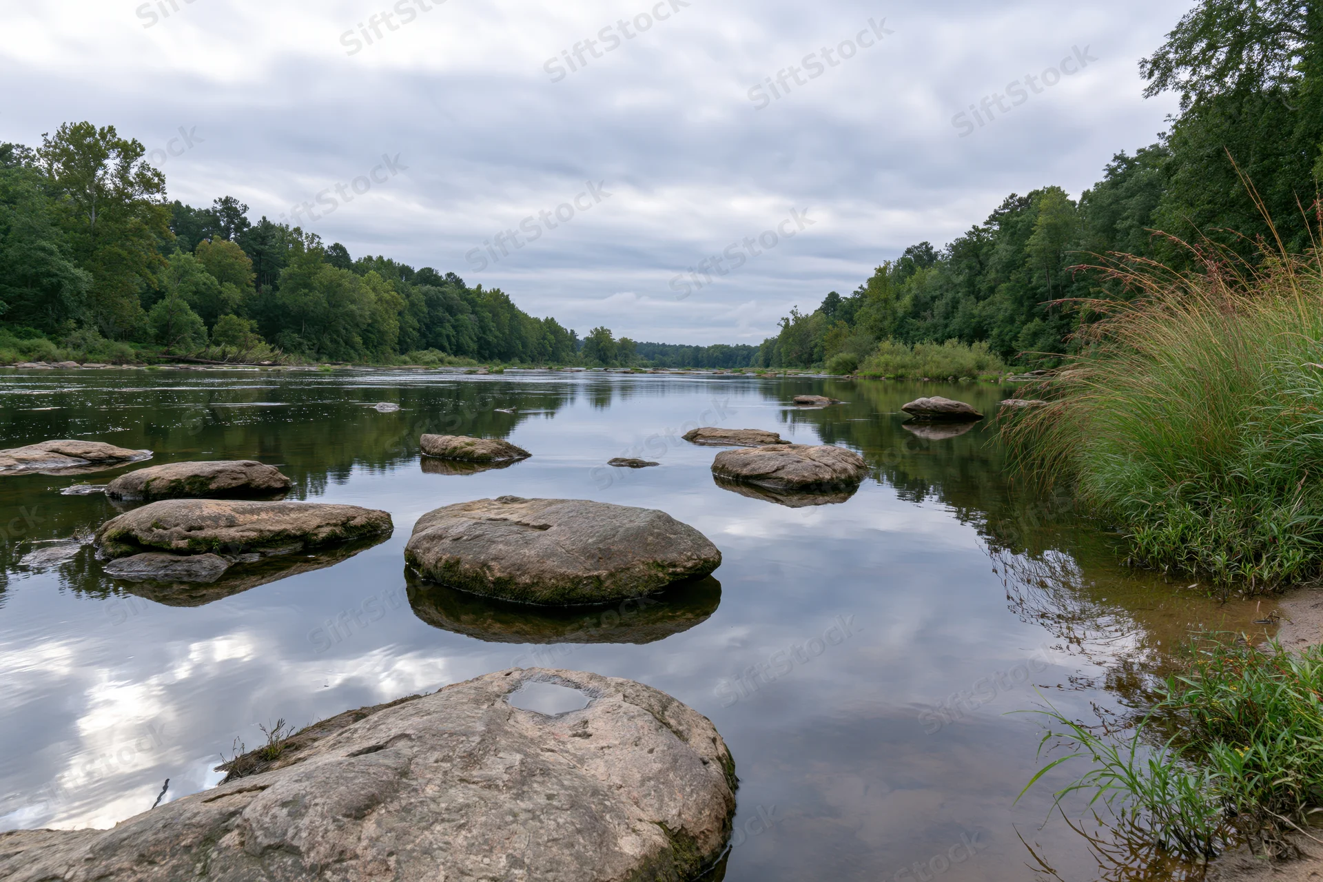 Wide river with scattered sandstone boulders emerging from calm water surrounded by dense forest and overcast sky