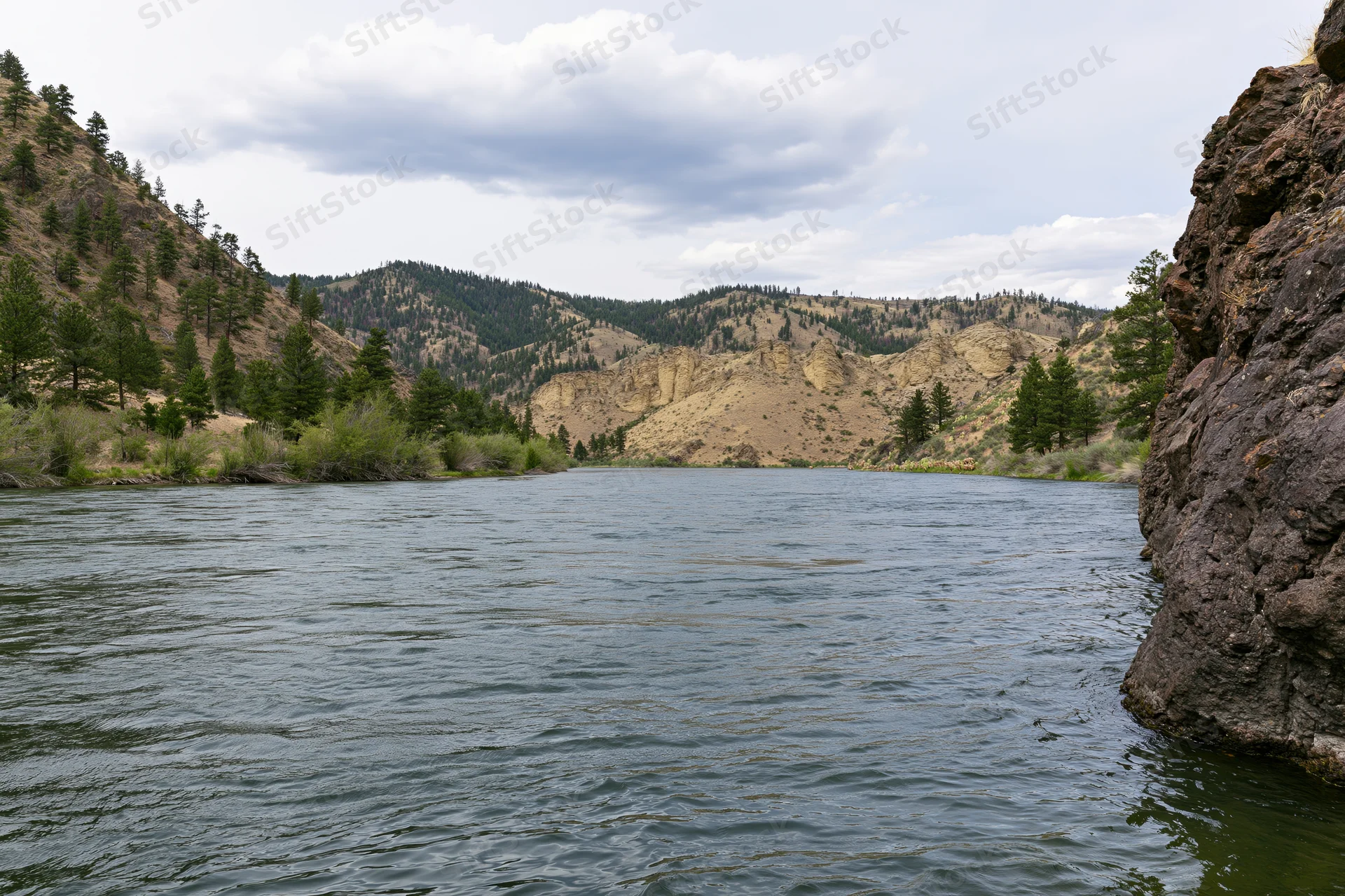 Wide river flowing through a western mountain canyon with pine trees and rocky cliffs