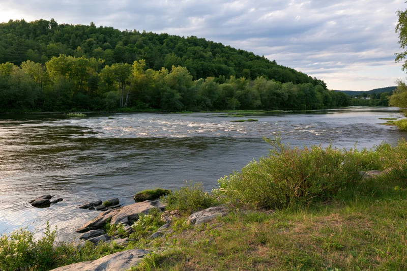 Wide river with shallow rapids flowing through forested banks under cloudy sky