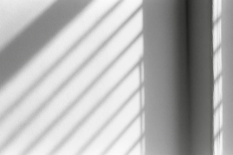 Diagonal shadow stripes from window blinds cast across a white interior wall