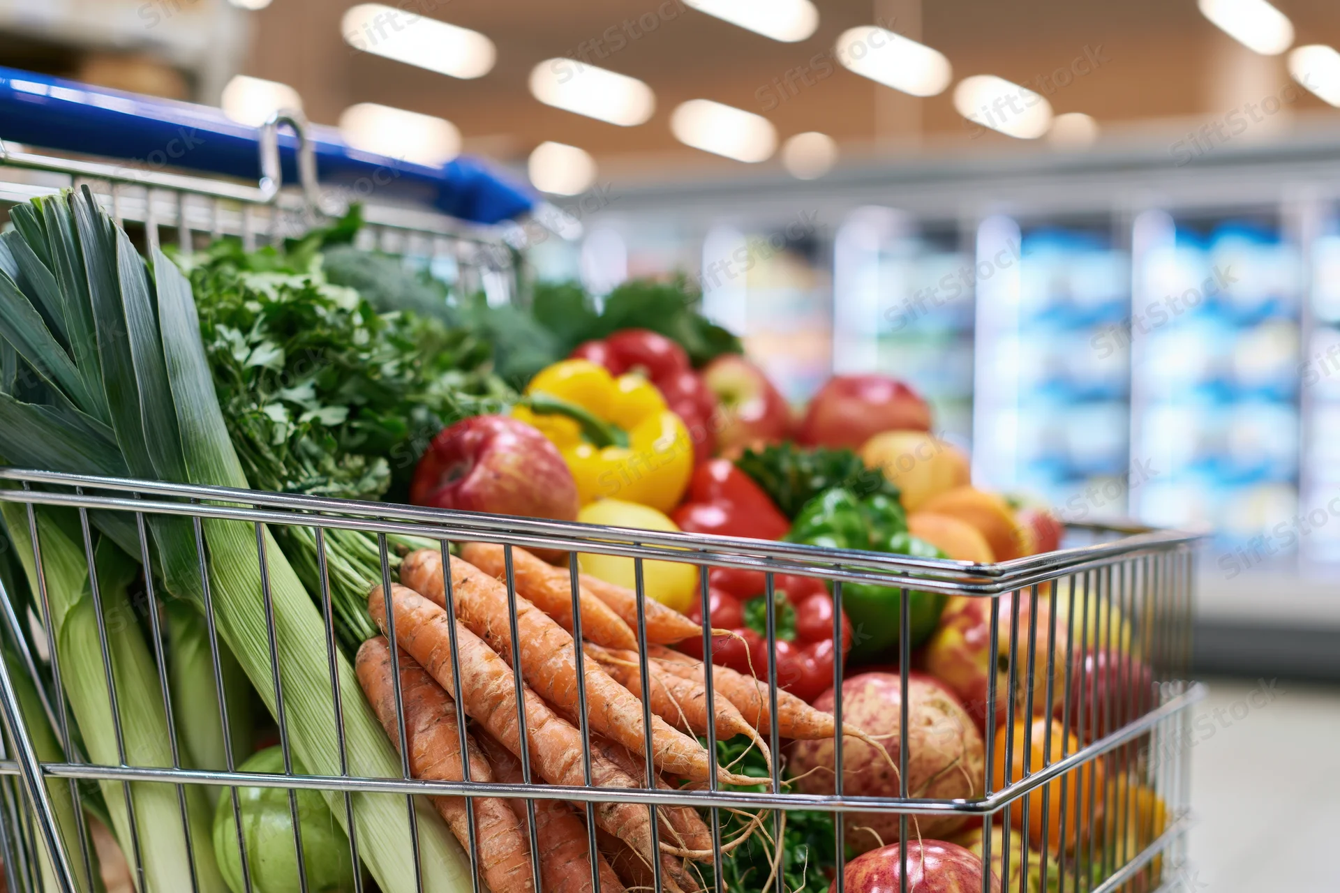 Wire shopping cart filled with fresh vegetables and fruits in a supermarket aisle