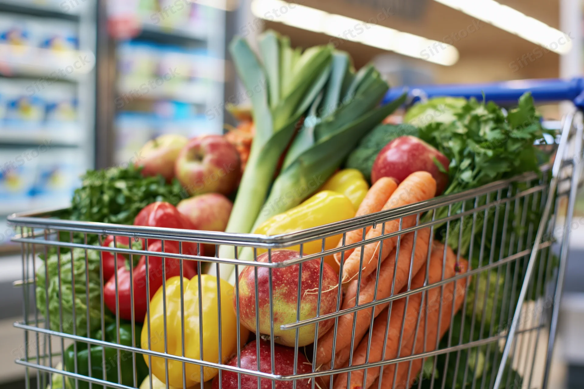 Wire shopping cart filled with fresh vegetables and fruits in a supermarket aisle