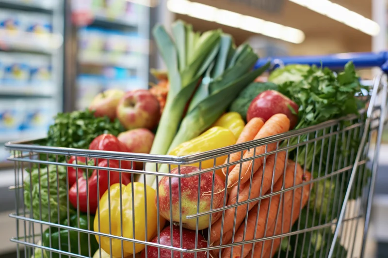 Wire shopping cart filled with fresh vegetables and fruits in a supermarket aisle