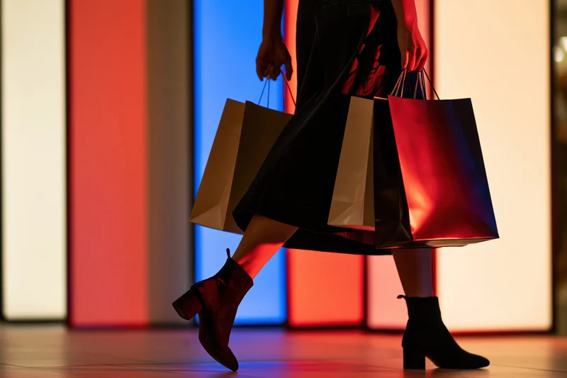 Woman mid-stride carrying shopping bags in a brightly lit retail space