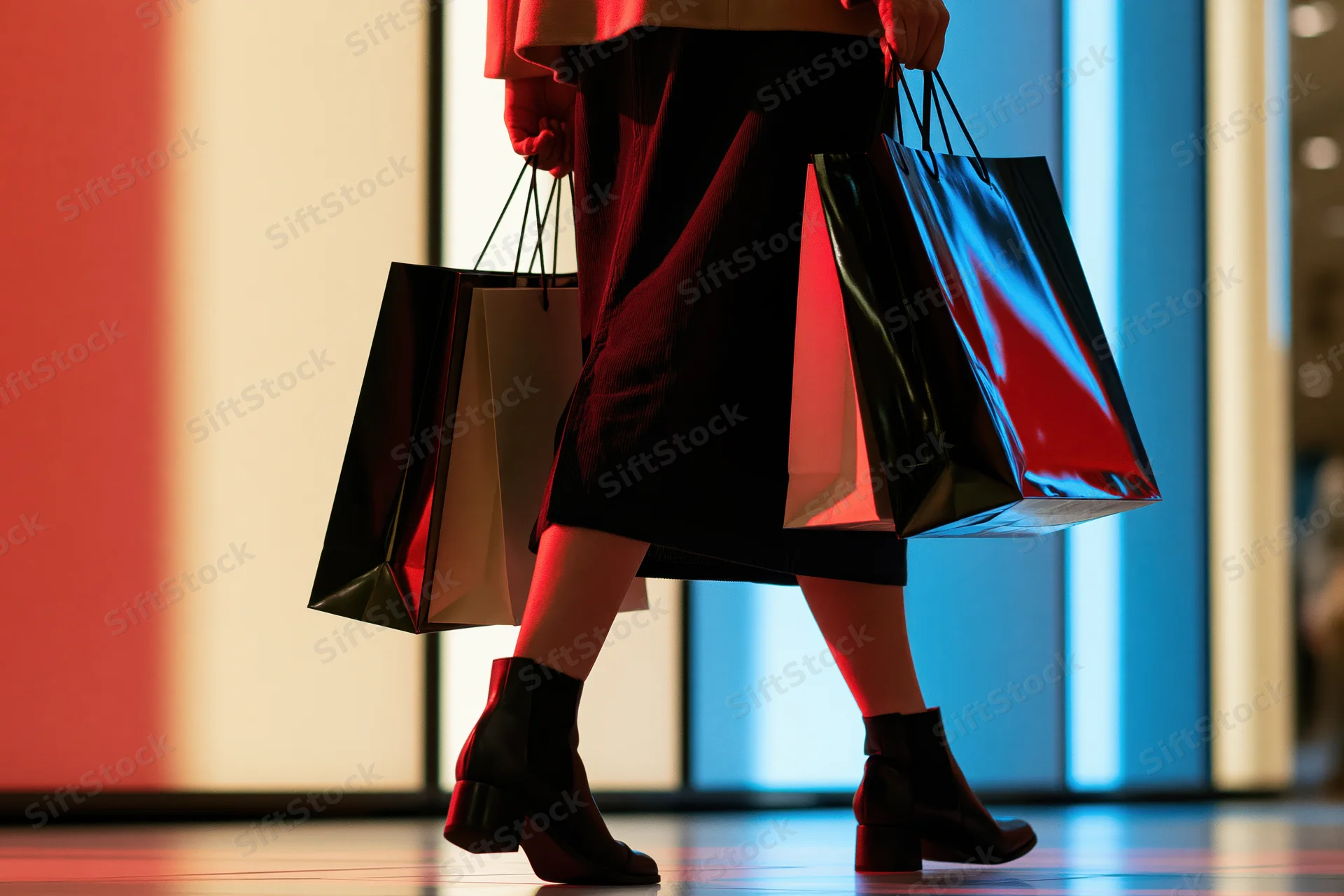 Woman mid-stride carrying shopping bags in a modern retail interior