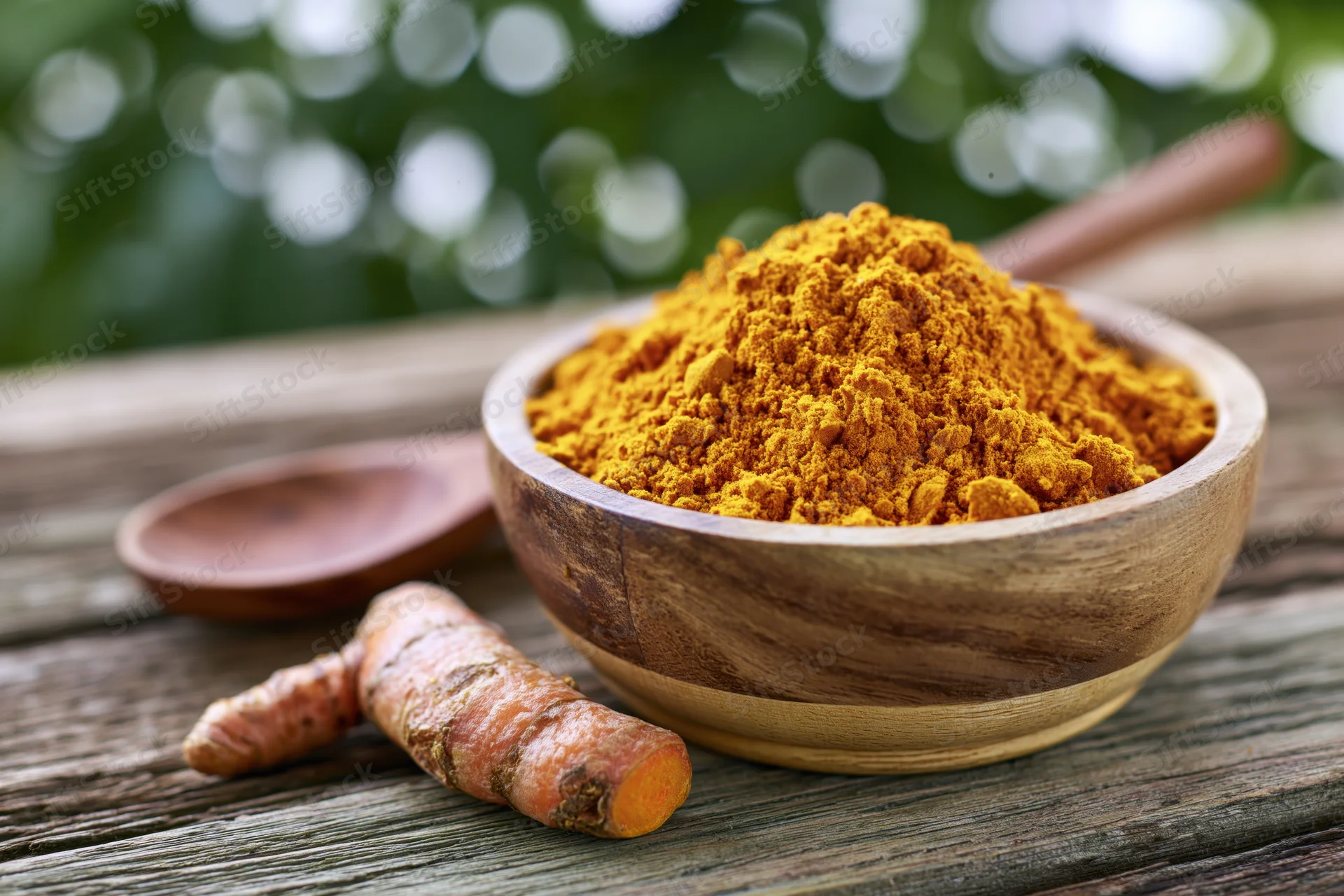 Turmeric powder in a wooden bowl with fresh root on a rustic table