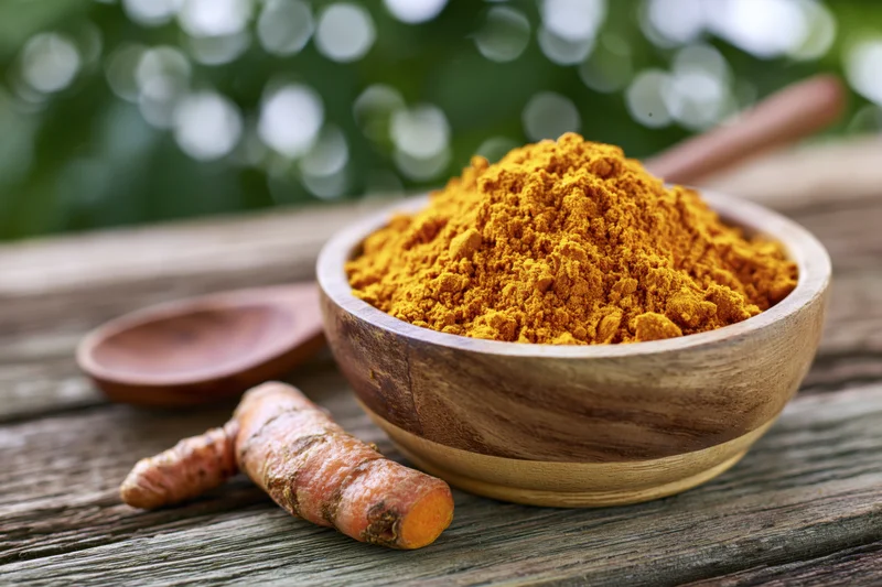 Turmeric powder in a wooden bowl with fresh root on a rustic table