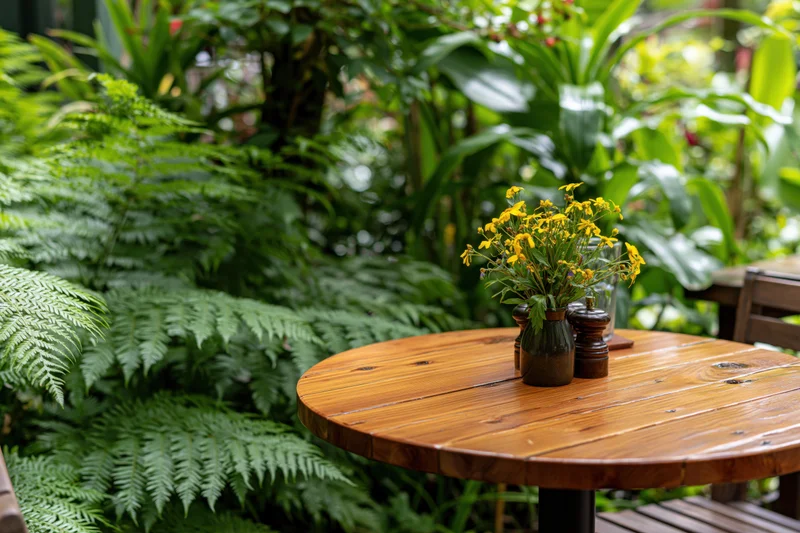 Round wooden table with yellow flowers and dark vase in a lush green garden seating area