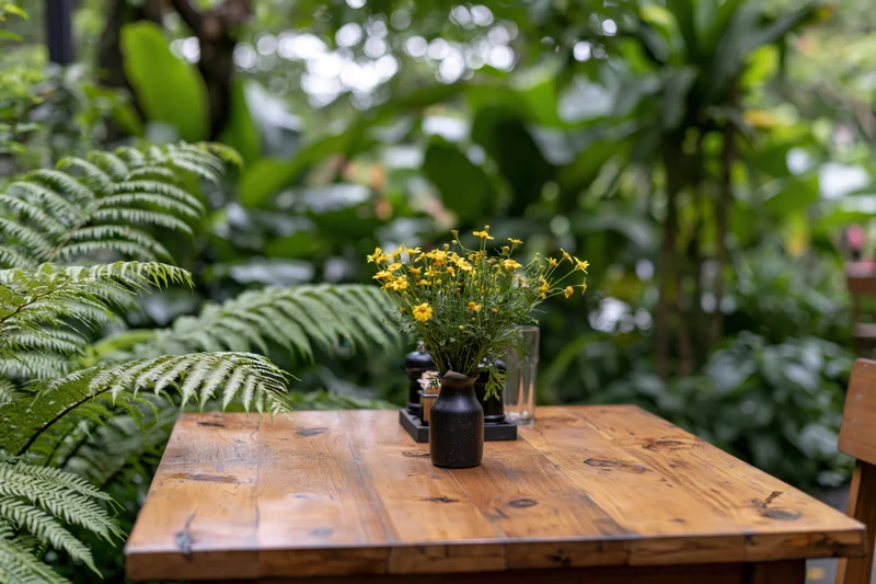 Wooden table with yellow flowers in a dark vase set in a lush garden seating area
