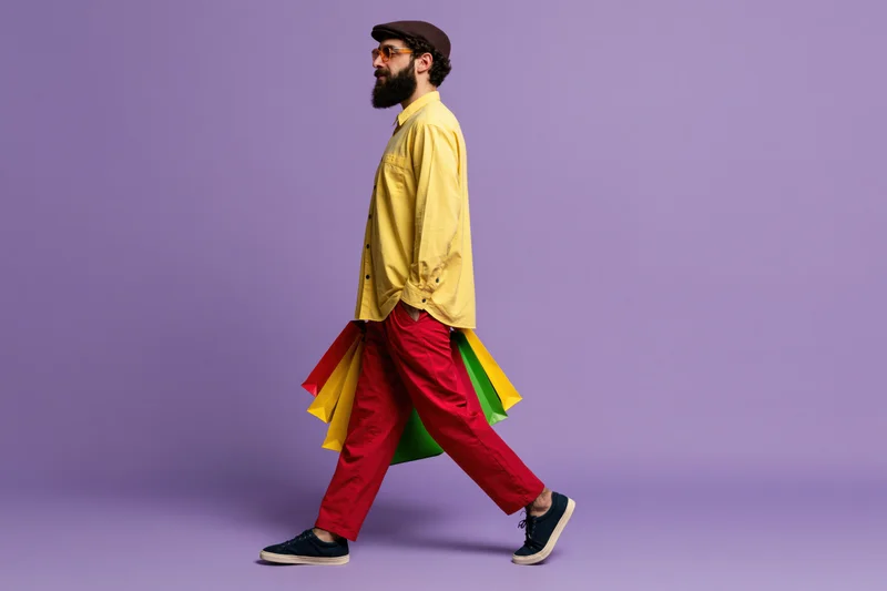 Man with beard walking in colorful outfit carrying shopping bags against purple background