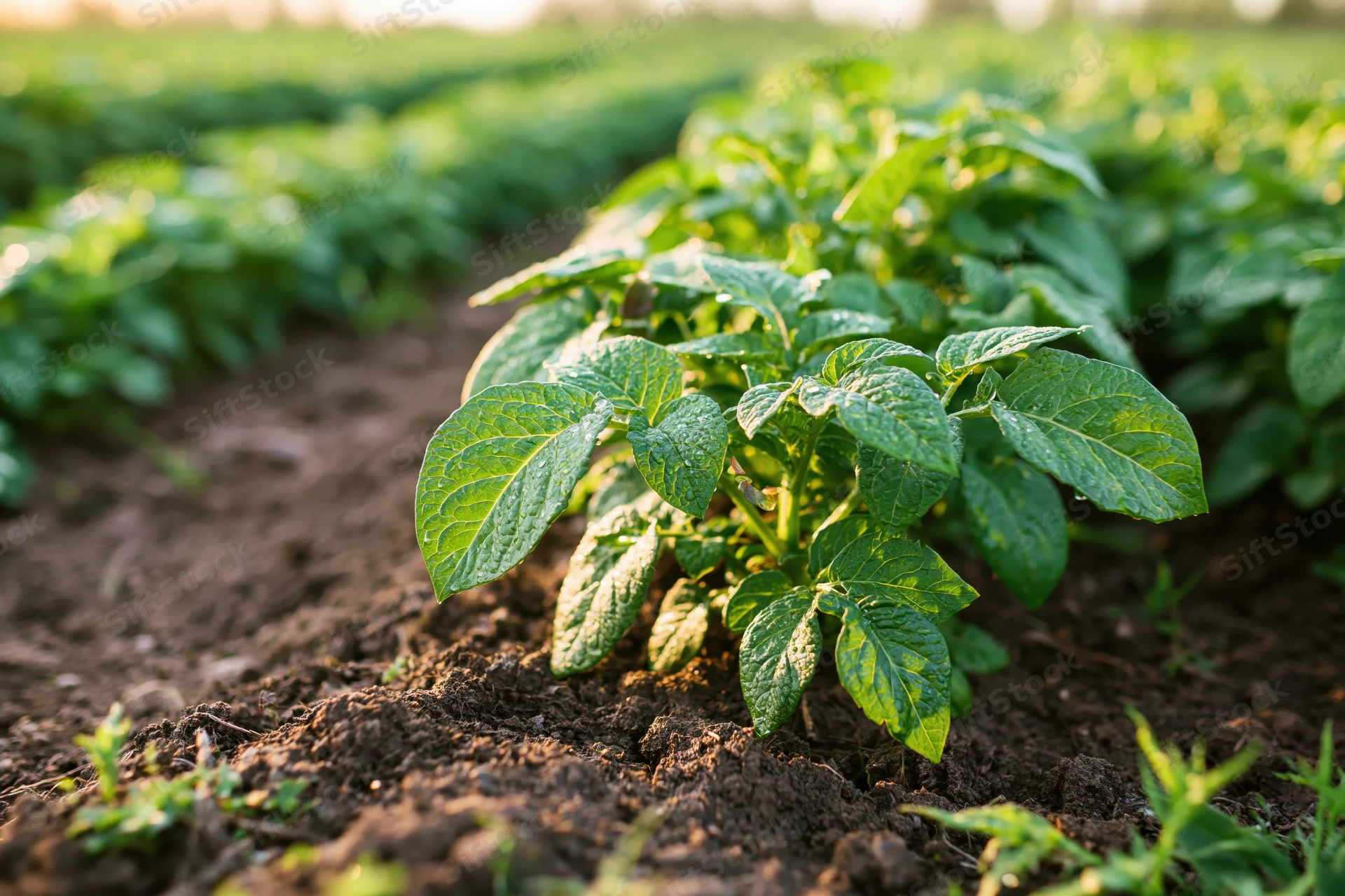 Young potato plants growing in rows in a field with water droplets on leaves