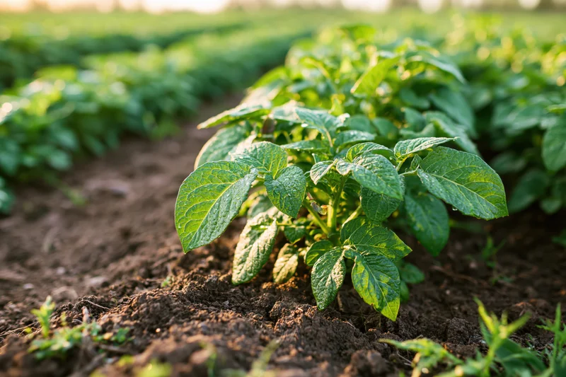 Young potato plants growing in rows in a field with water droplets on leaves