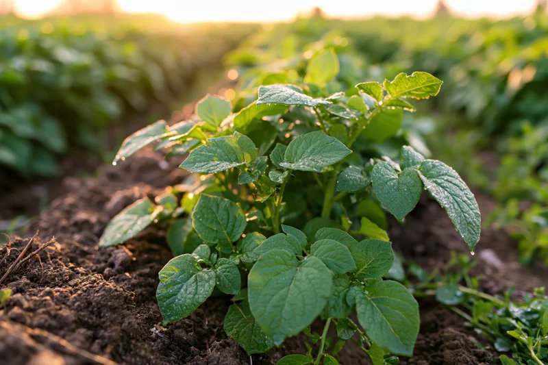 Young potato plants with water droplets on leaves growing in a field at sunrise