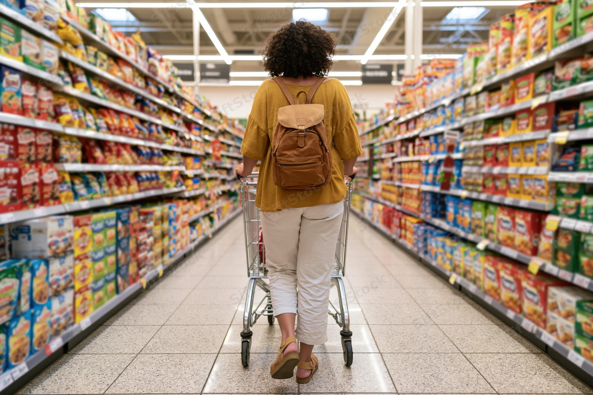 Woman pushing shopping cart down supermarket aisle
