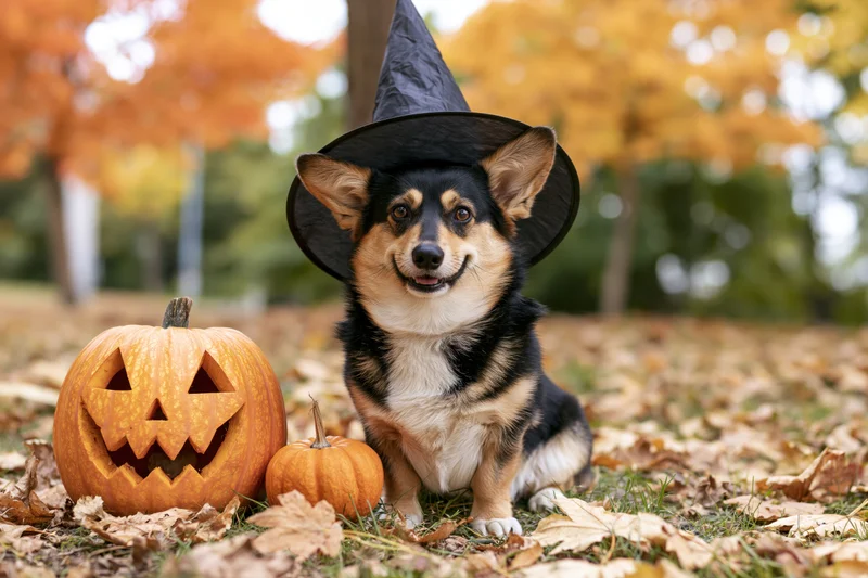 Corgi dog wearing witch hat sitting beside carved pumpkin on leaf-covered ground in autumn park