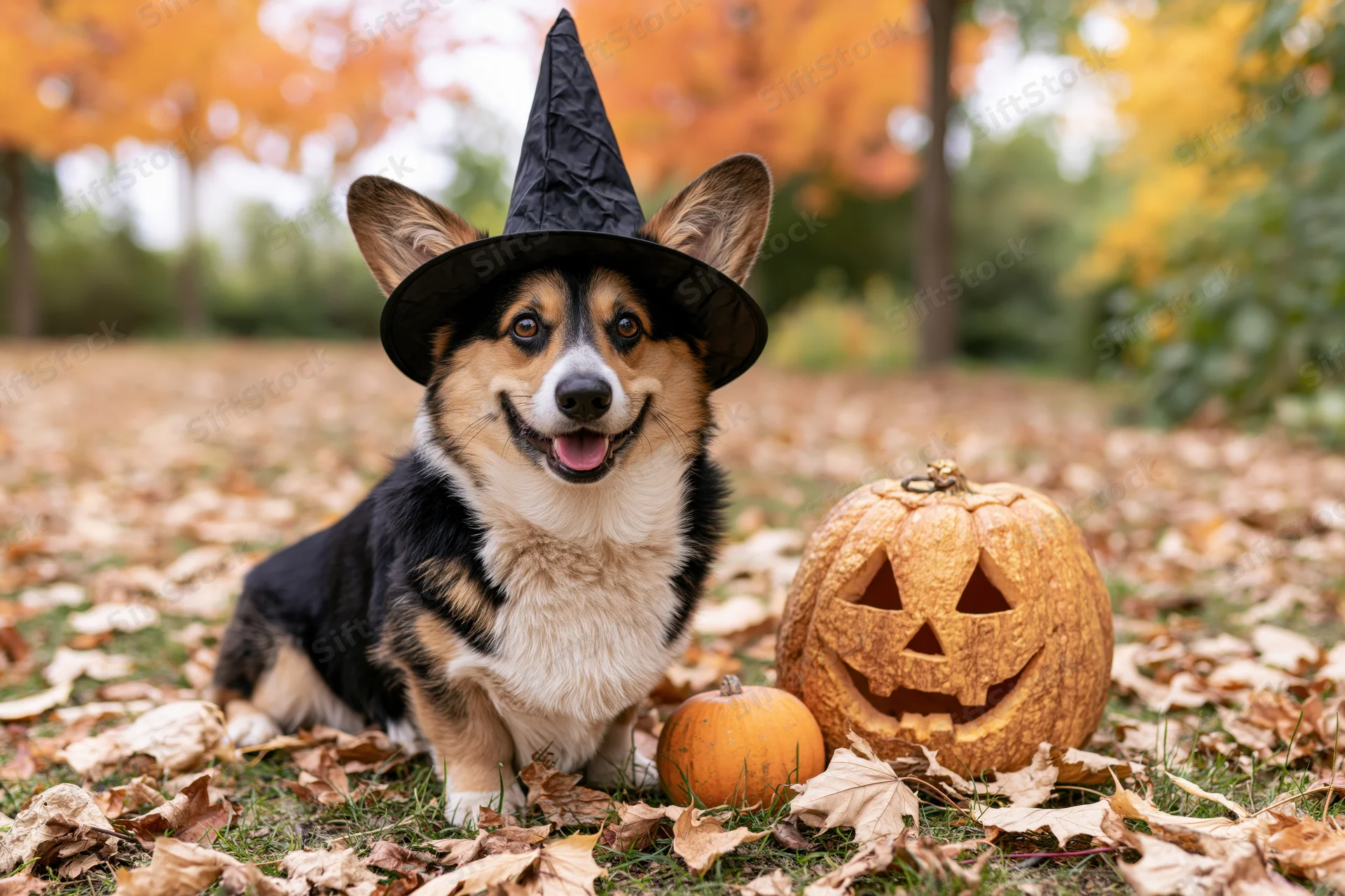 Corgi dog wearing witch hat sitting beside carved pumpkin on leaf-covered ground in autumn park