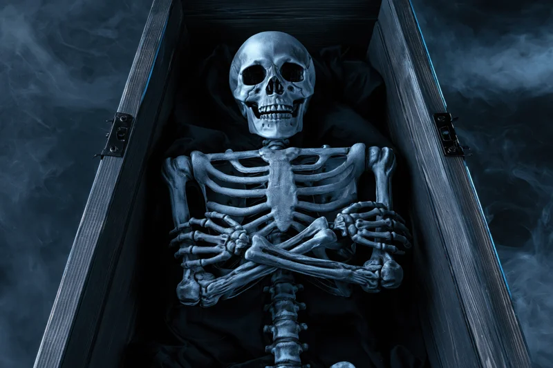 Skeleton with crossed arms lying inside a wooden coffin surrounded by smoke