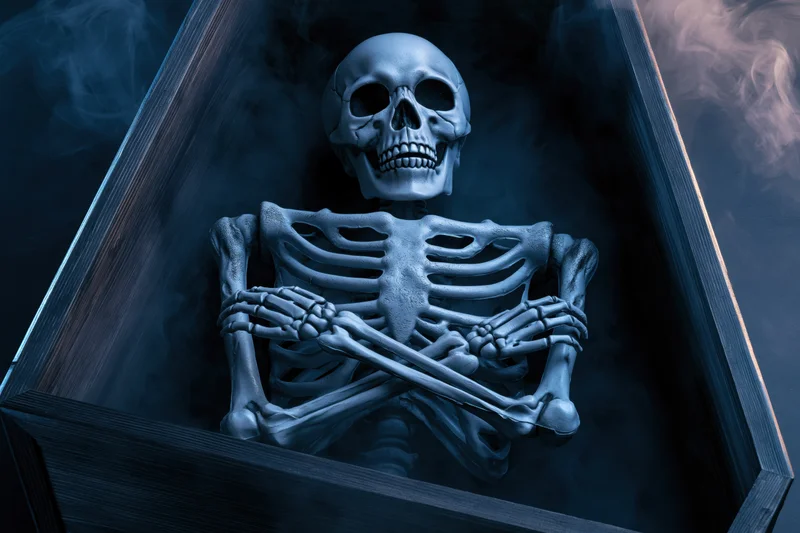 Skeleton with crossed arms lying inside a coffin surrounded by smoke