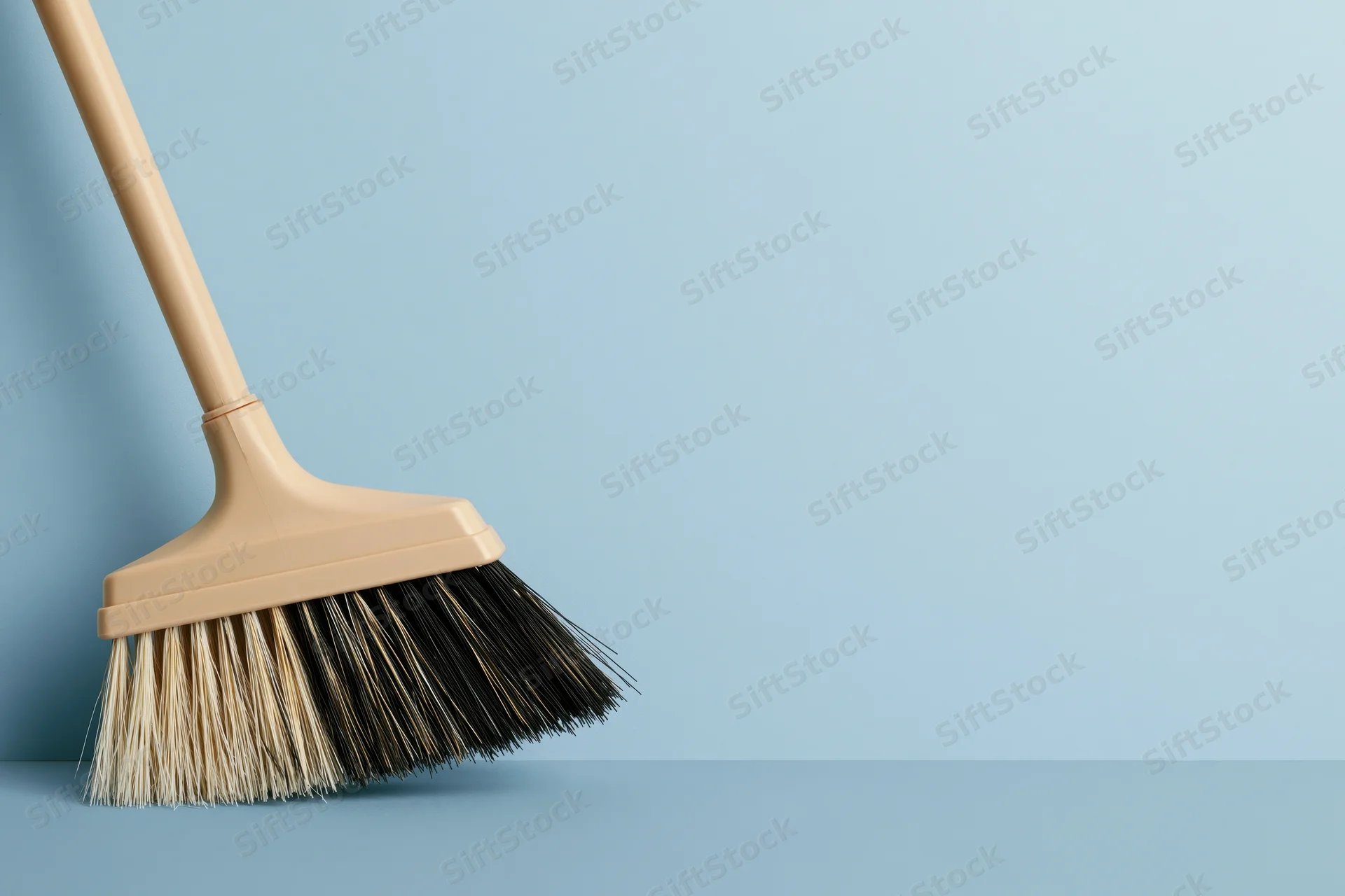 Beige plastic broom with mixed black and cream bristles leaning against blue wall in minimalist interior