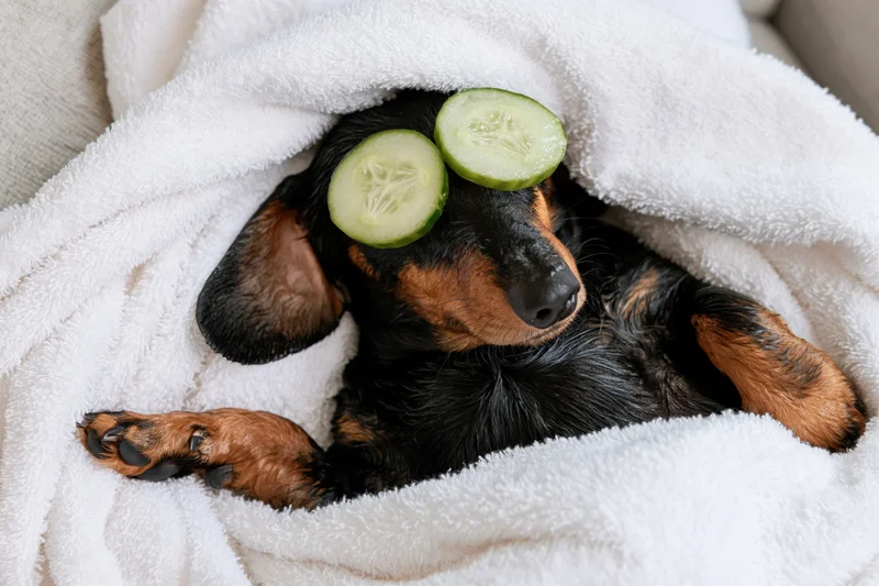 Dachshund lying on its back under a white towel with cucumber slices on its eyes