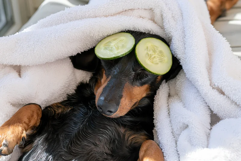 Dachshund lying on its back with cucumber slices over eyes under white towel